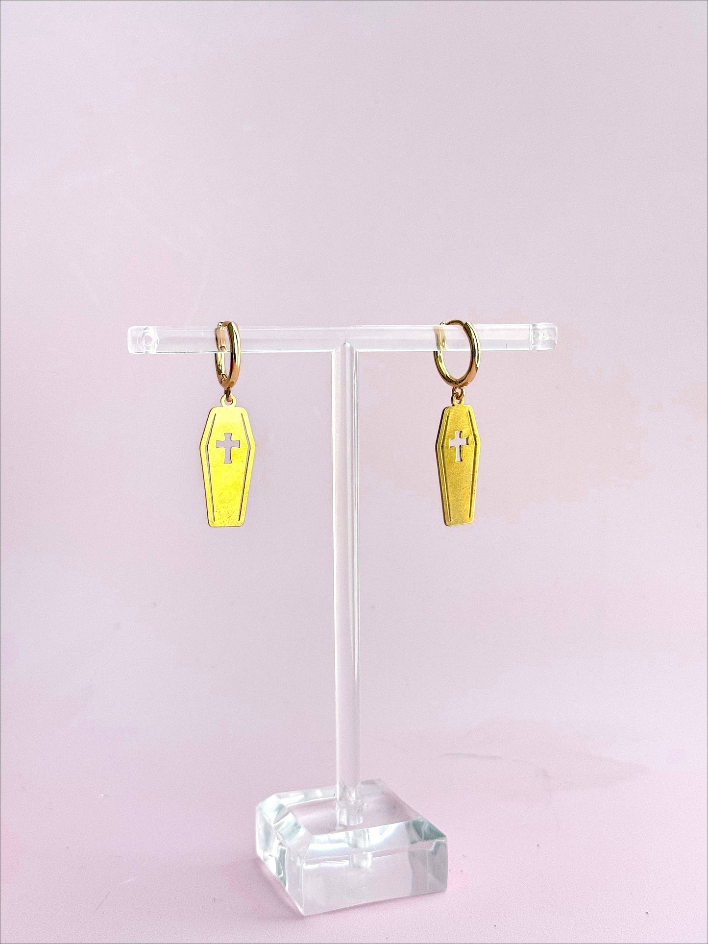 Brass Coffin Huggies Earrings