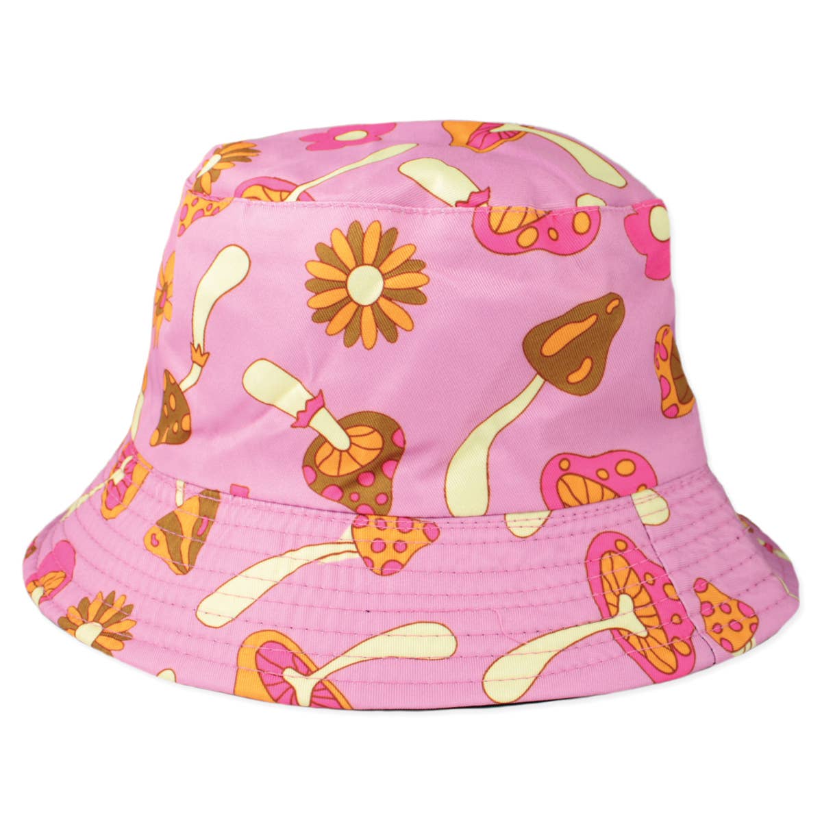 Pink Retro Mushroom Print Bucket Hat