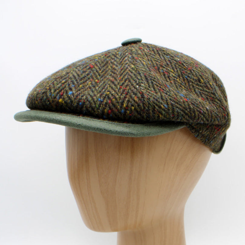 The Greenstone Tweed: Italian-made virgin wool cap with rich green tweed and multicolor flecks. FunkyBrims.