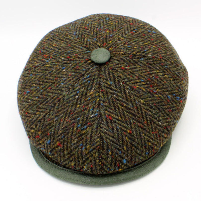 The Greenstone Tweed: Italian-made virgin wool cap with rich green tweed and multicolor flecks. FunkyBrims.
