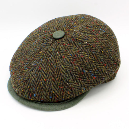 The Greenstone Tweed: Italian-made virgin wool cap with rich green tweed and multicolor flecks. FunkyBrims.