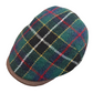 Plaid Harris tweed flat cap with green, red, and black pattern at FunkyBrims.