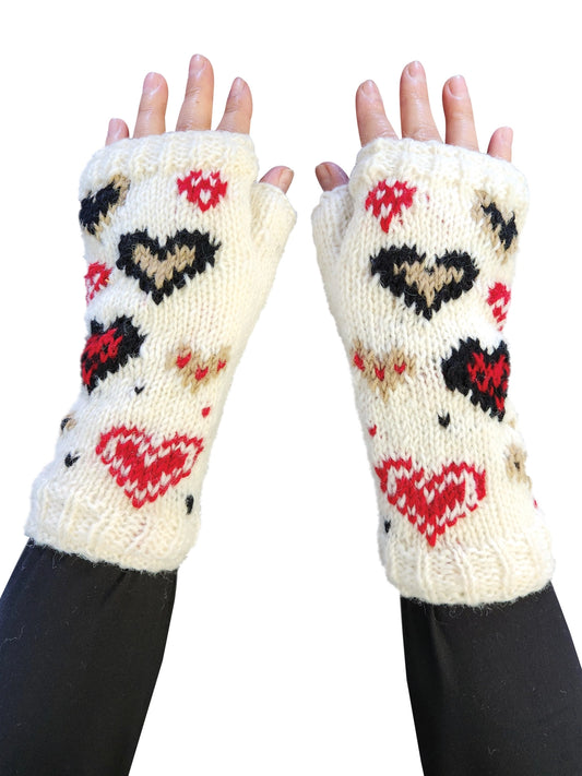 Handmade Knit Fingerless Gloves Hearts