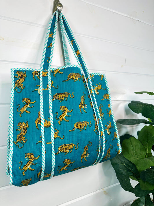 Tiger Teal Quilted Tote Bag