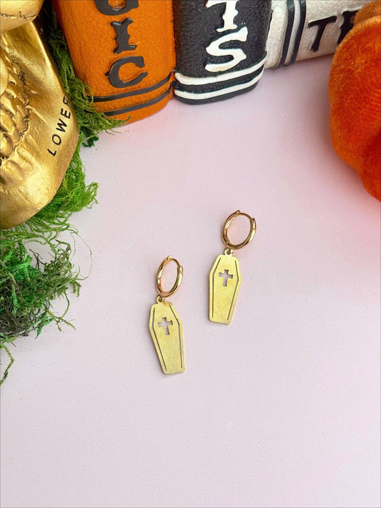 Brass Coffin Huggies Earrings
