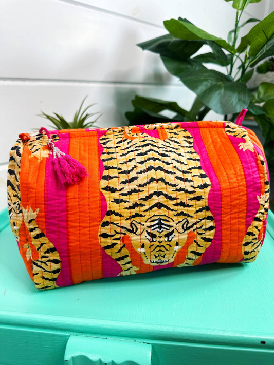 Quilted Orange and Pink Tiger Cosmetic Bag