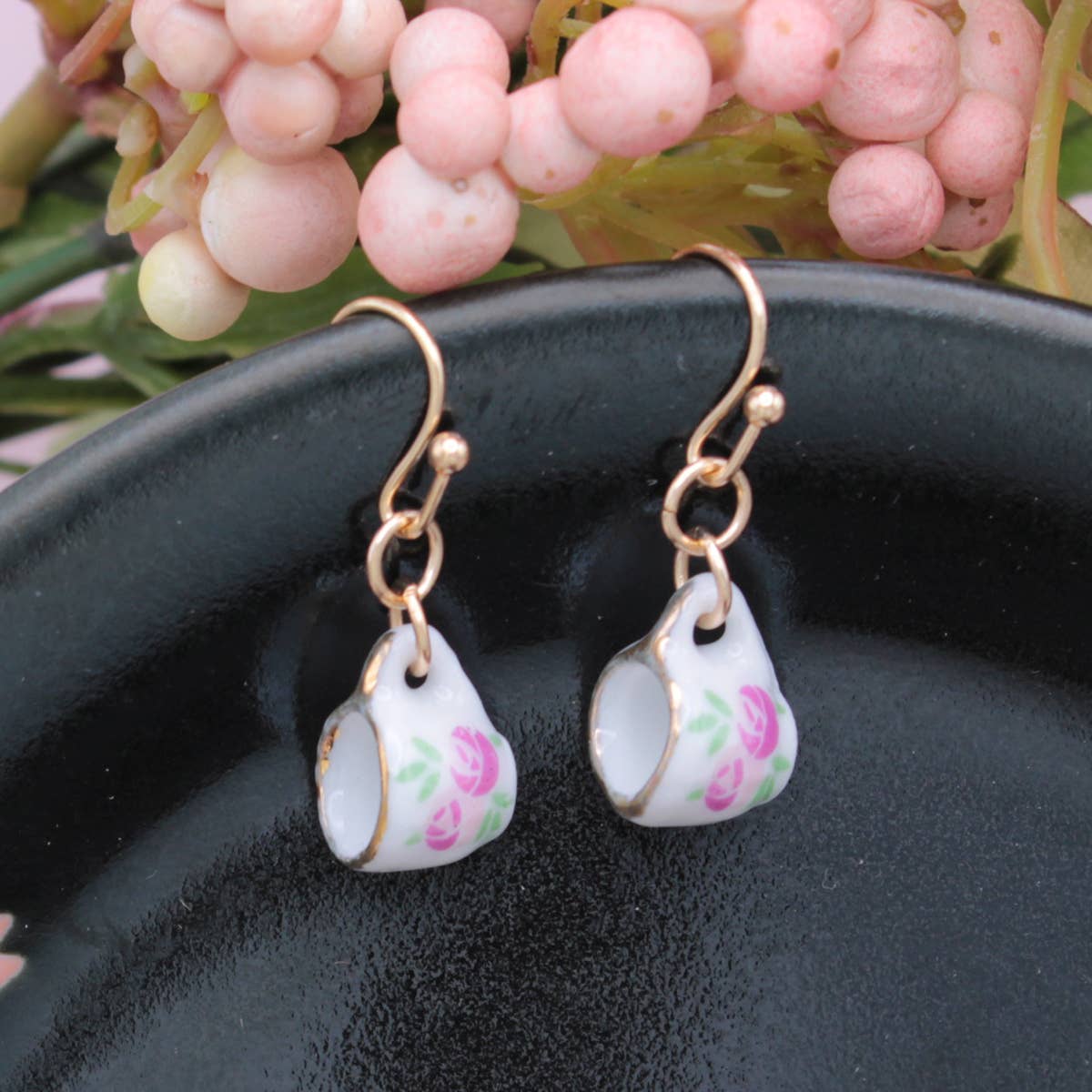 Tea Time Pink Floral Teacup Gold Earrings