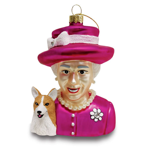 Queen with Corgi Fuchsia Dress Glass Ornament