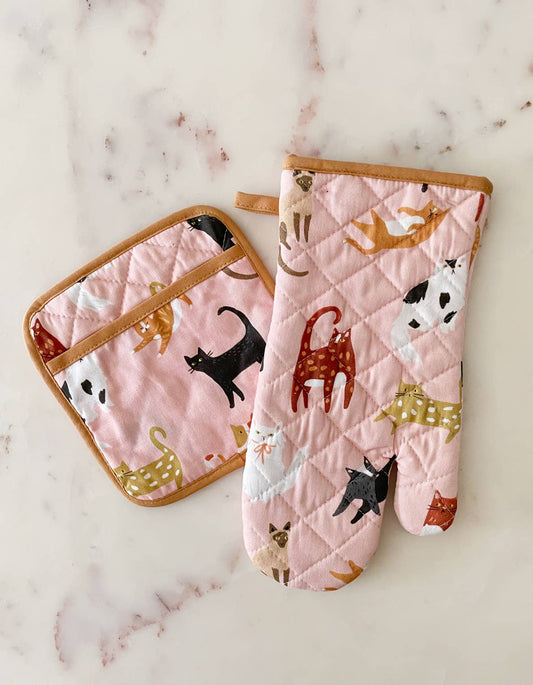 Cats Oven Mitt + Pot Holder Set