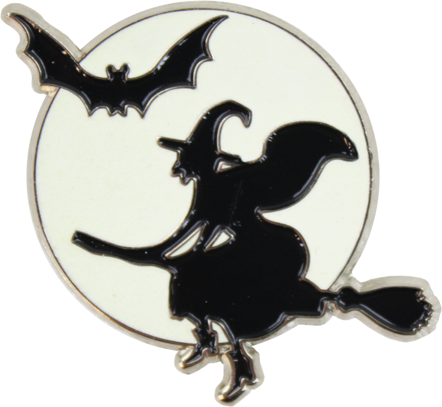 Enamel Pin - Witch And Bat In Front Of Glow In The Dark Moon