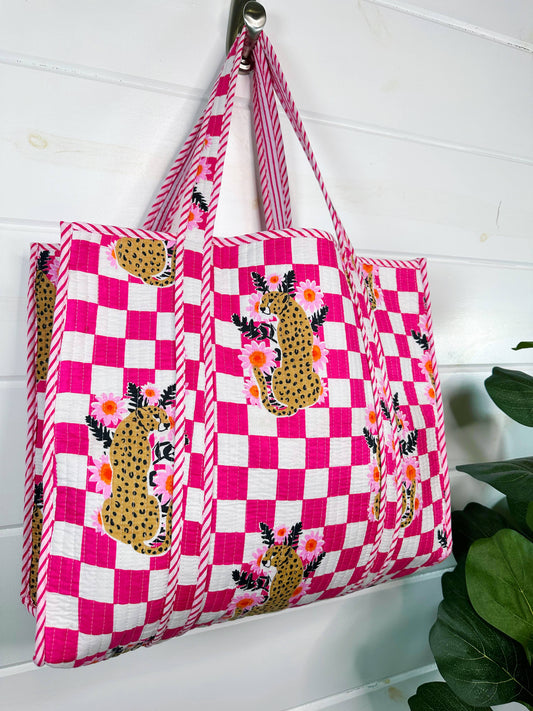 Checkered Jaguar Quilted Tote Bag