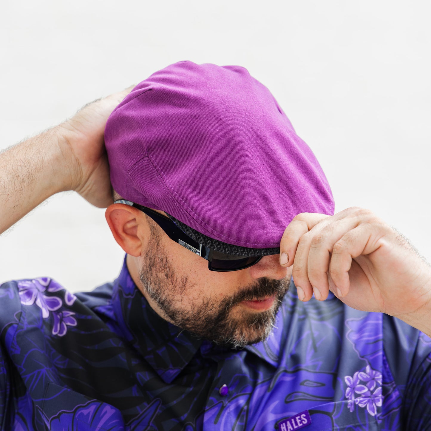 The "Purple Luau" Purple Cotton Flat Cap Hales Speed Shop X FunkyBrims Collab with Cap Pin