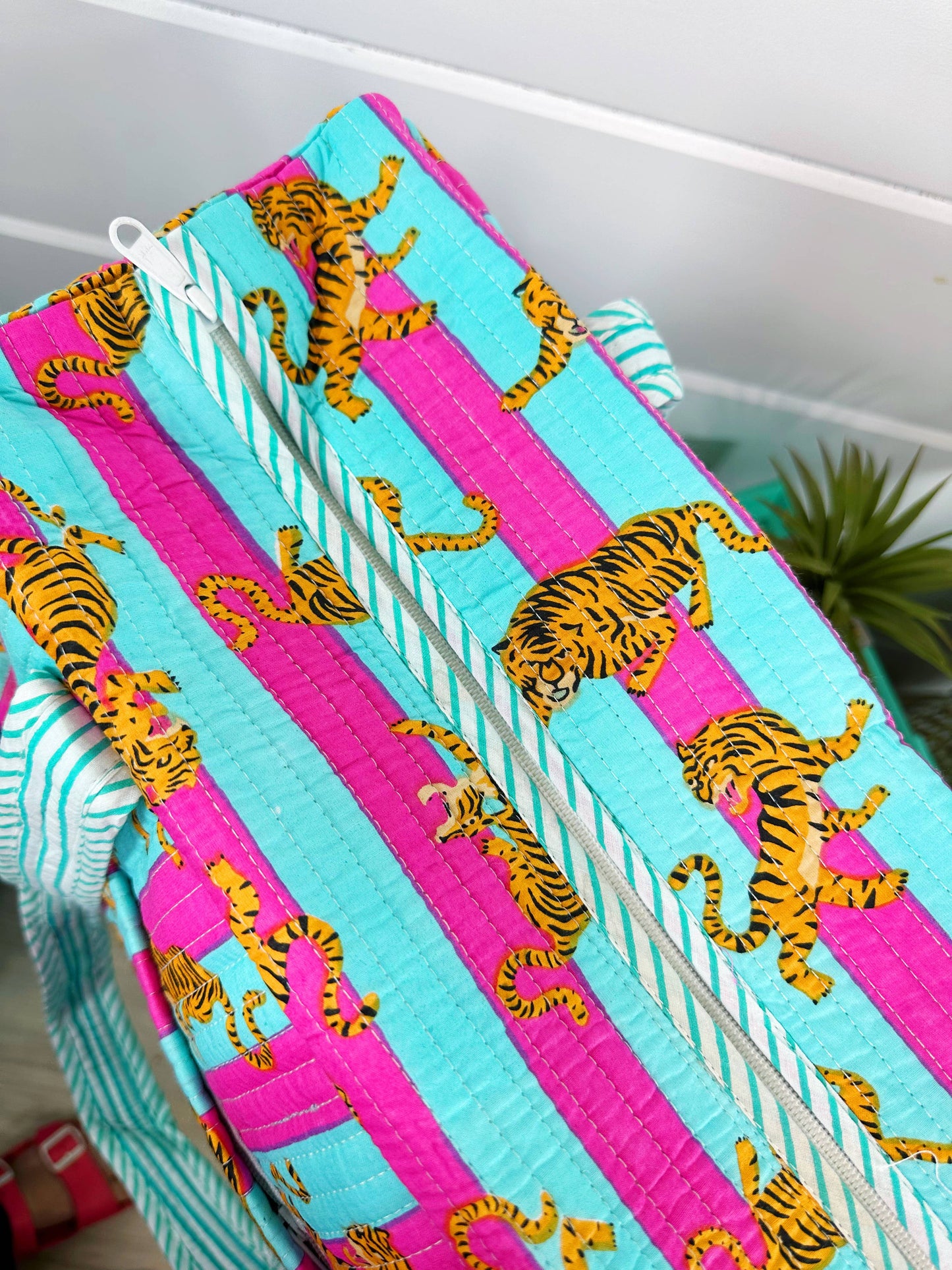 Pink & Blue Quilted Tiger Print Duffle Bag