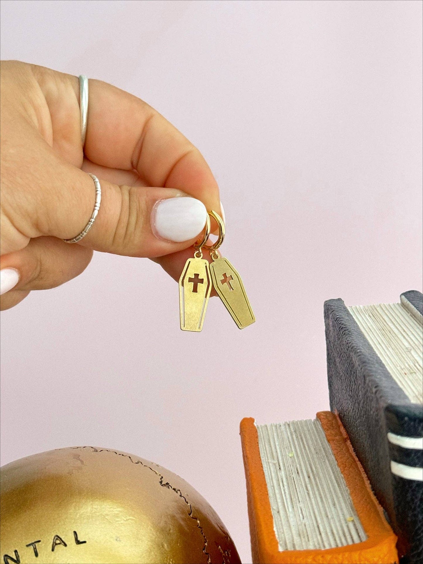 Brass Coffin Huggies Earrings