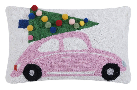 Pink Car Hook Pillow w/Pom Poms