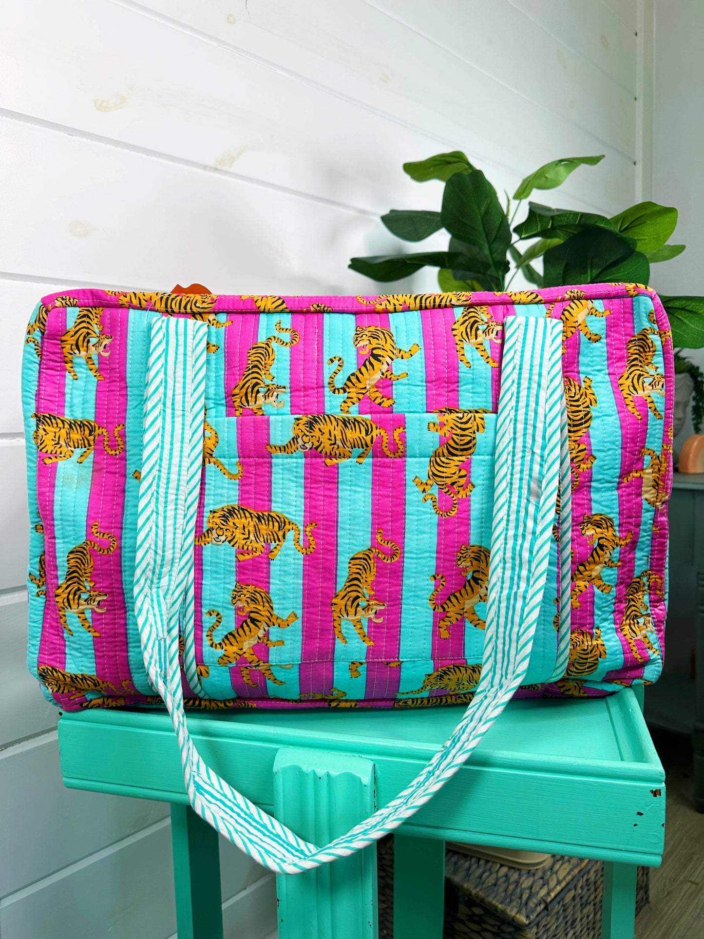 Pink & Blue Quilted Tiger Print Duffle Bag