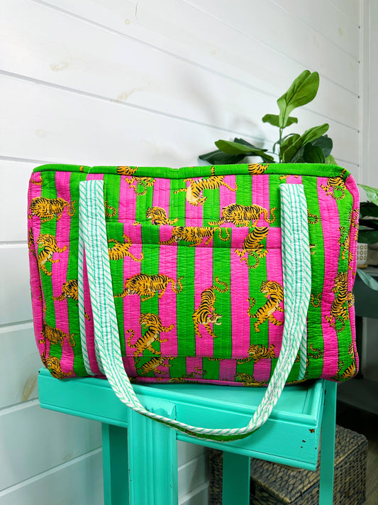 Pink & Green Handmade Quilted Tiger Print Duffle