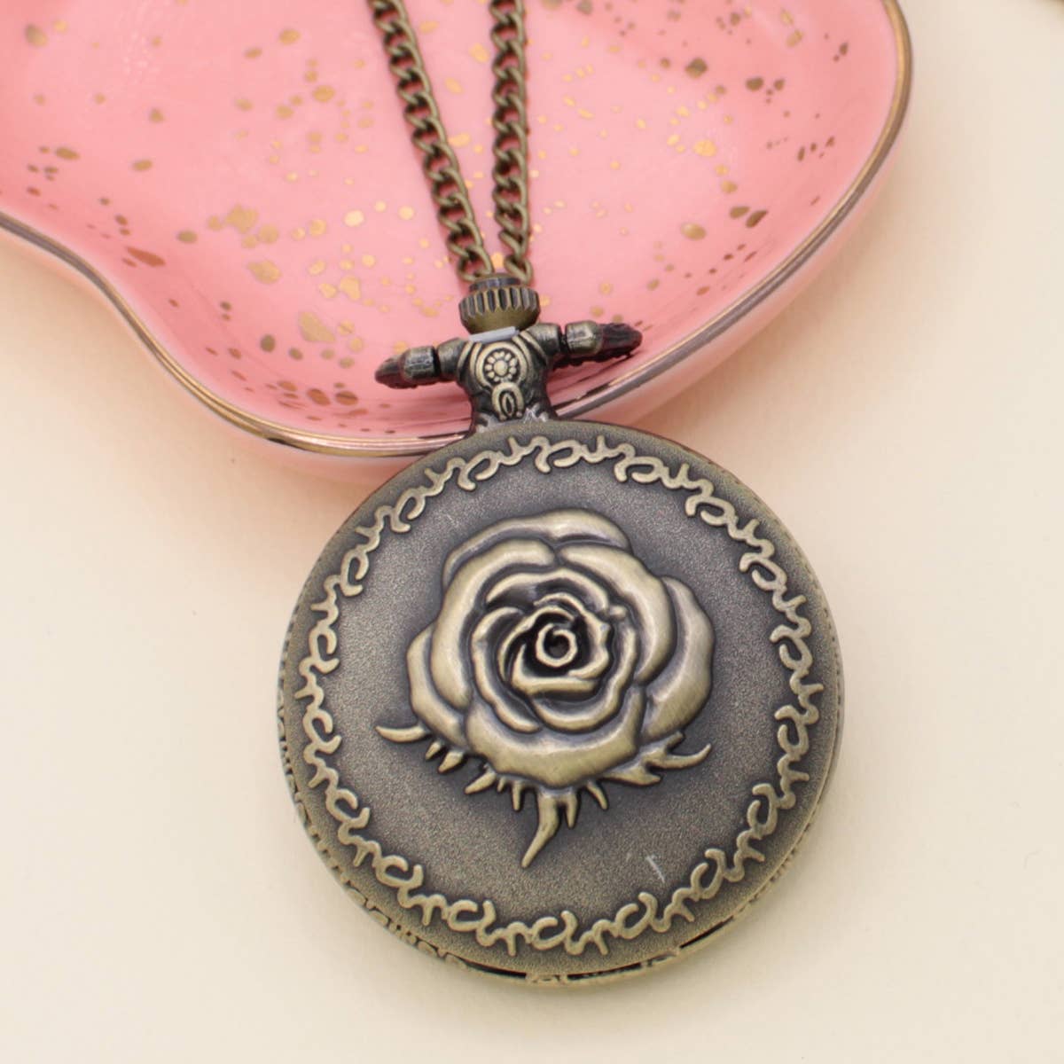 Vintage Gold Rose Pocket Watch Necklace