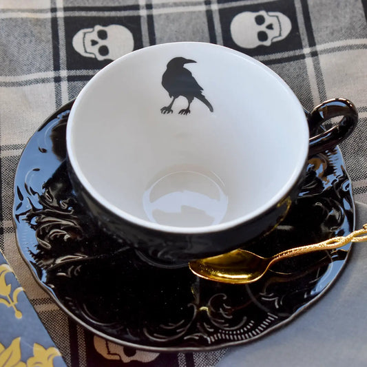 Halloween Black Crow Raven Victorian Gothic Embossed Teacup and Saucer