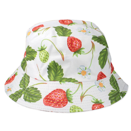 White Strawberry Print Bucket Hat