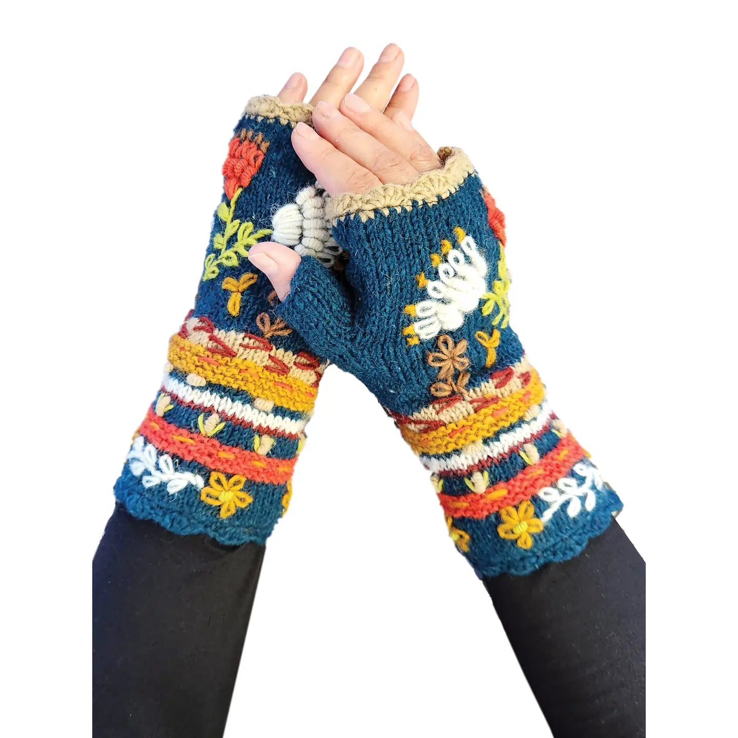 Handmade Knit Fingerless Floral Gloves
