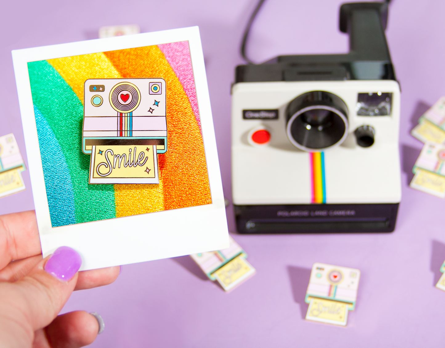 Rainbow Polaroid Camera Smile Enamel Pin