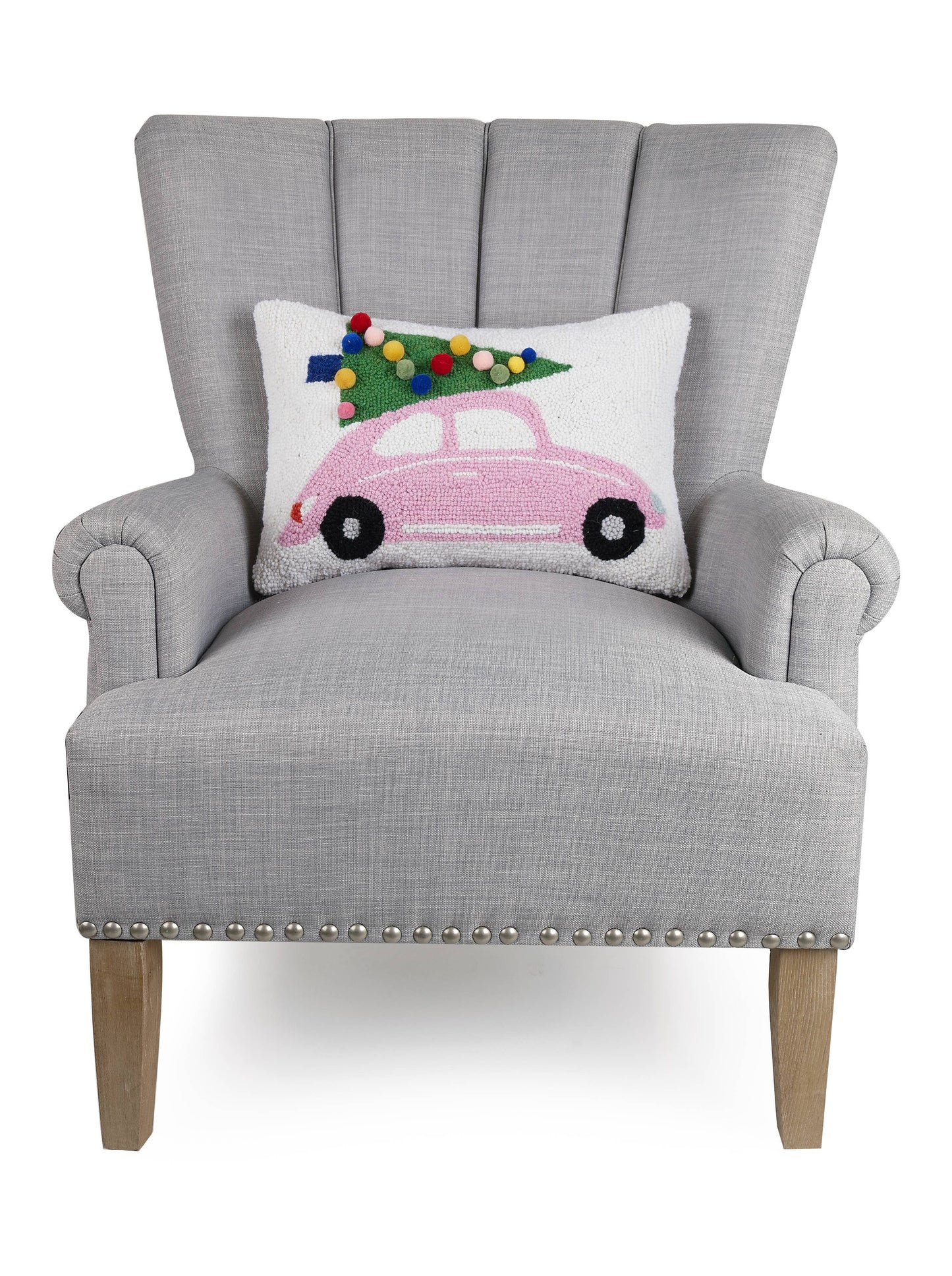 Pink Car Hook Pillow w/Pom Poms