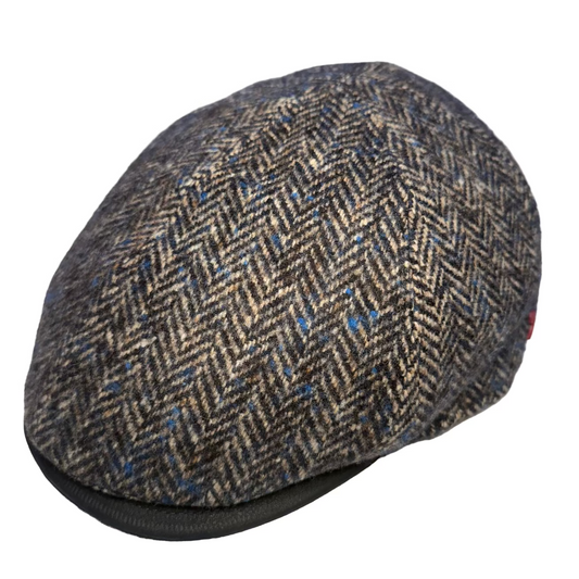 Blue and Gray Herringbone pub cap by Alfonso d'Este x FunkyBrims. Blue Leather Brim.