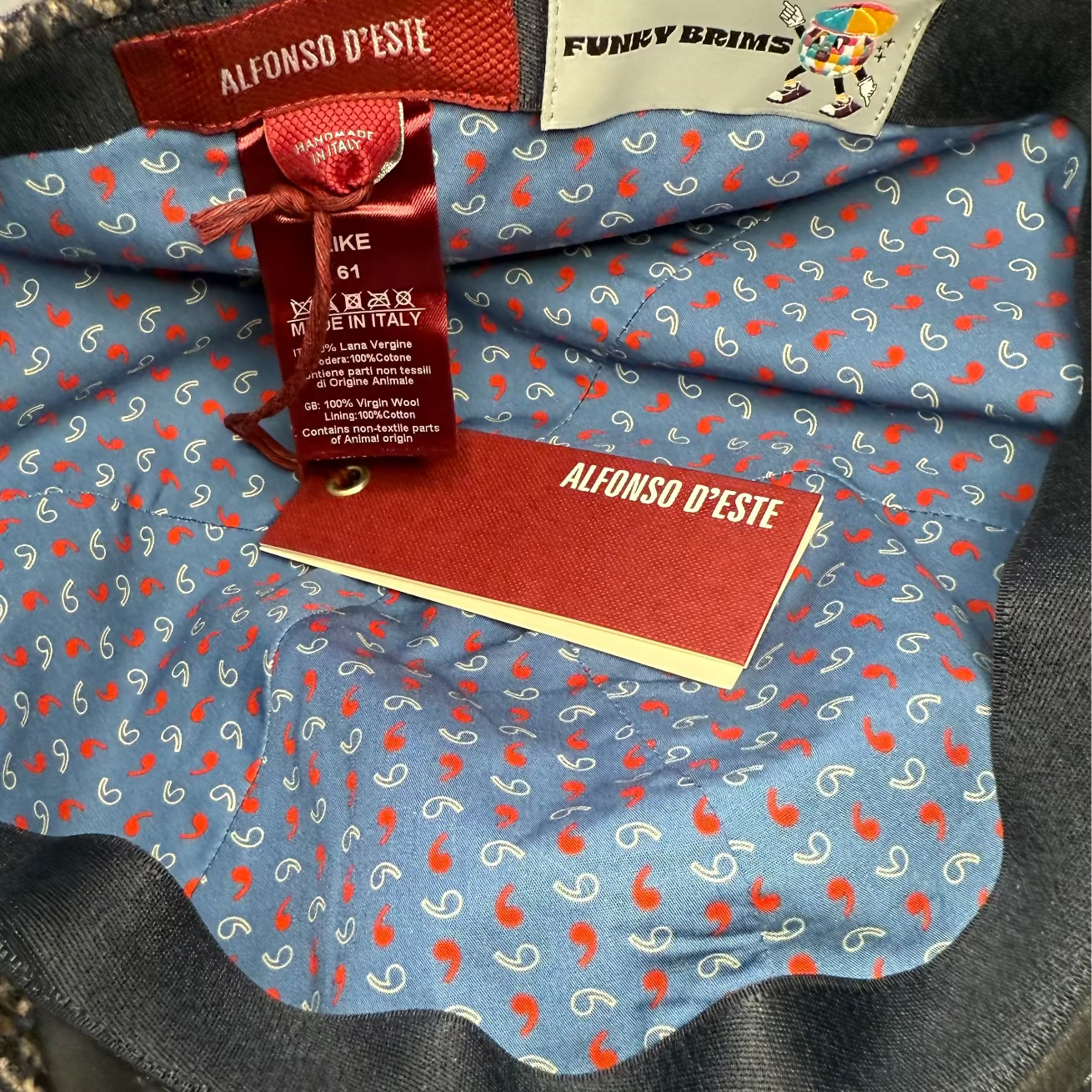 Blue and Gray Herringbone pub cap by Alfonso d'Este x FunkyBrims. Blue Leather Brim.