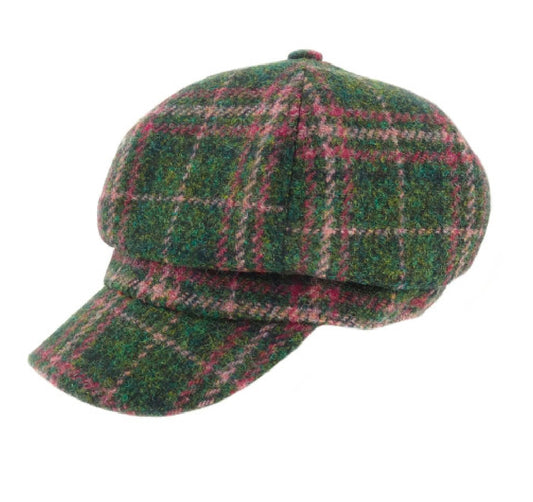 Harris Tweed One Size Ladies Cap in Dark Green & Plum Check by Glen Appin of Scotland