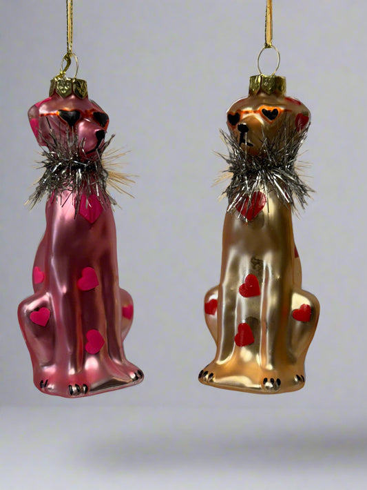 Glass Dog Ornament with Hearts & Tinsel