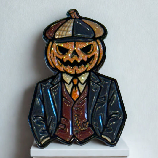 Fall 2025 FunkyBrims Custom Enamel Pin.  Pumpkin dressed like Tommy Shelby.