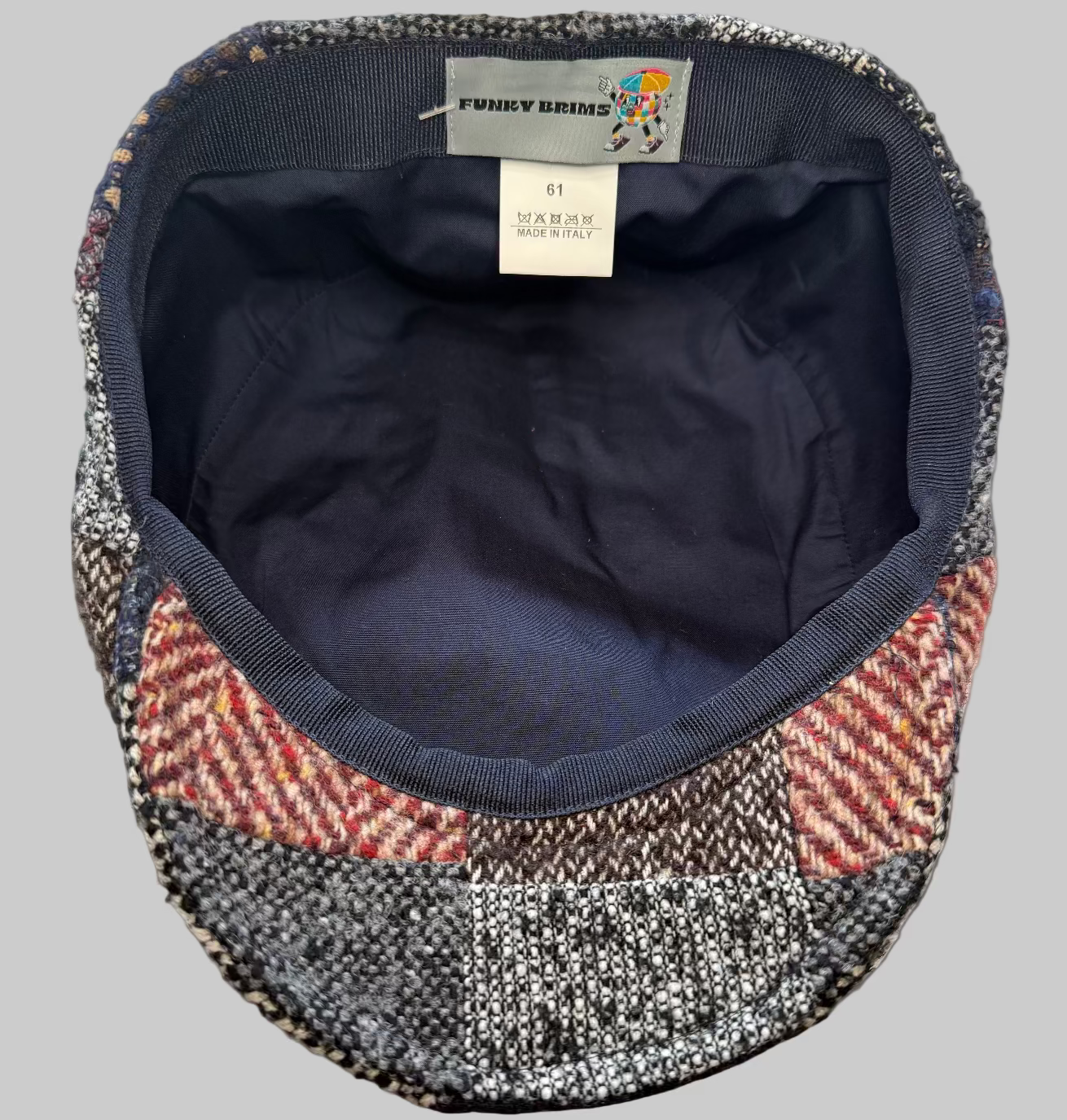 The "Raven" Wool Patchwork Italian Flat cap at FunkyBrims.