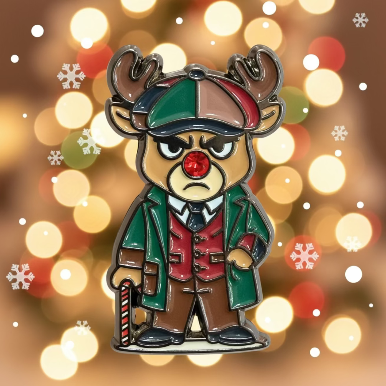 Rudolph Rednose Reindeer Enamel Christmas cap pin by Funkybrims.