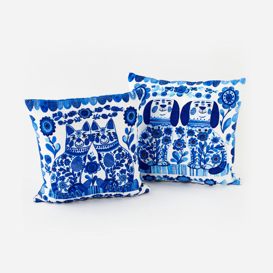 Blue and White Embroidered Dog / Cat Pillow