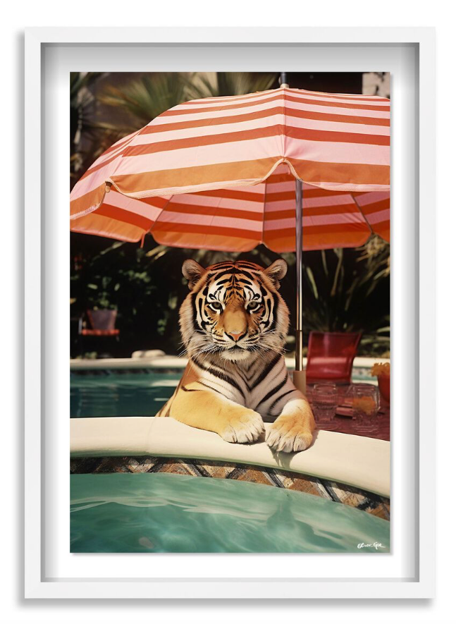 POOLSIDE TIGER ENCOUNTER GICLEE PRINT FRAMED