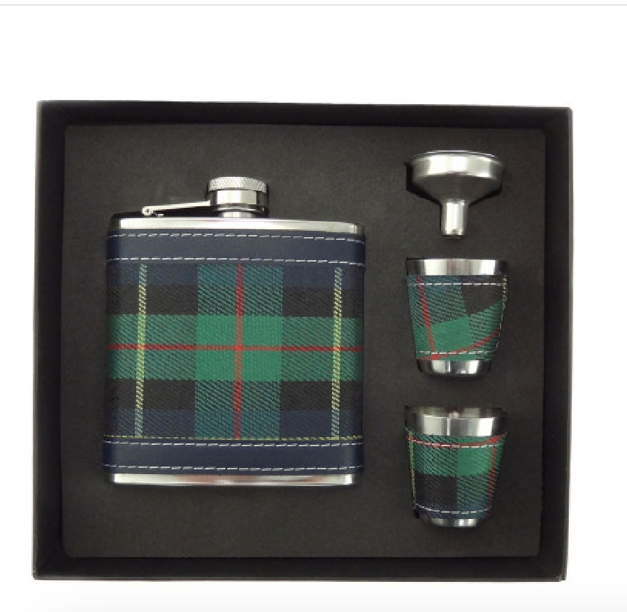 6oz Green Tartan Hip Flask Gift Set