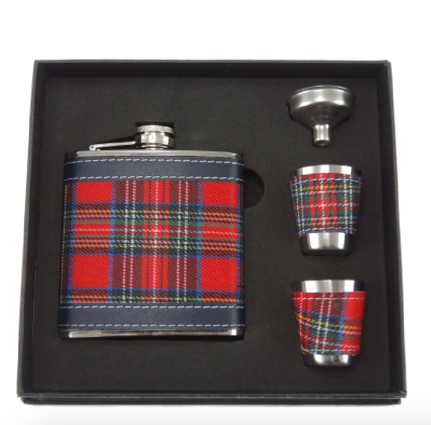 6oz Red Tartan Hip Flask Gift Set