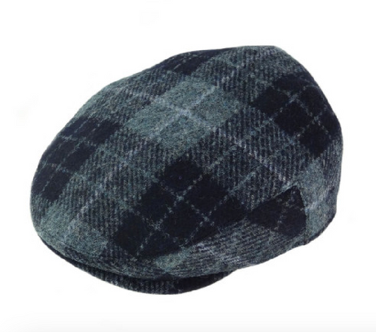 Harris Tweed Flat Cap in Grey / Black Tartan by Glen Appin of Scotland