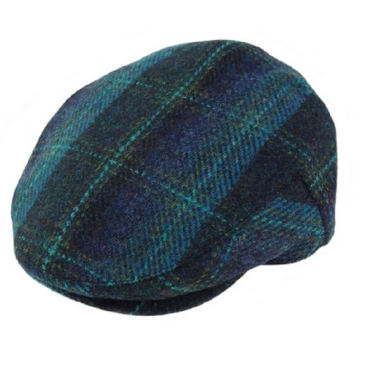 Harris Tweed Flat Cap in Blue with Turquoise Overcheck by Glen Appin of Scotland