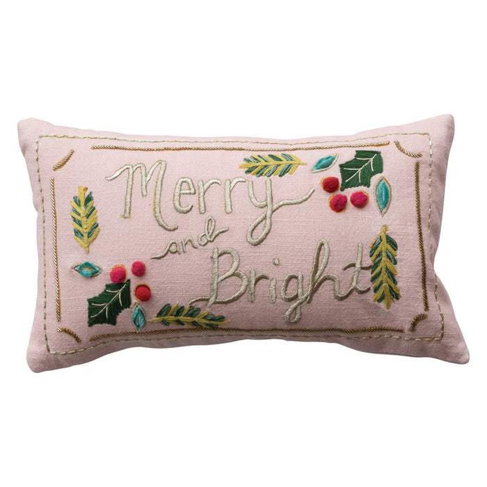Lumbar Pillow with Hand-Embroidery "Merry & Bright"