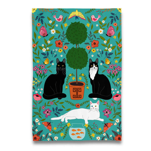 Cat Trio with Topiary and Florals Tea Towel