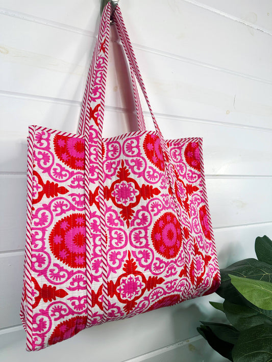 Quilted Tote Bag | Pink Red Tote | Large Shopping Tote Bag