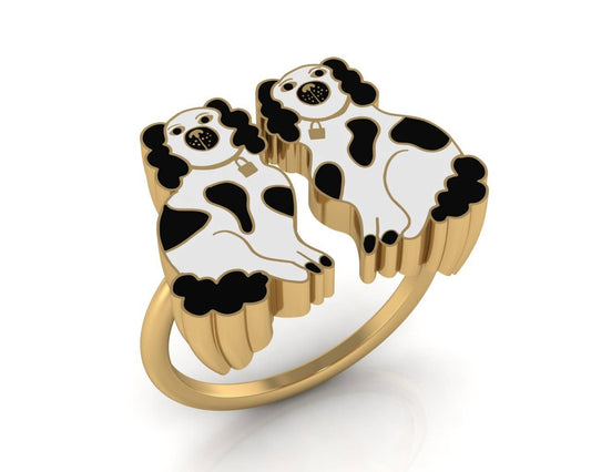Staffordshire Dogs Adjustable Ring - 18k Gold Gilt Jewelry