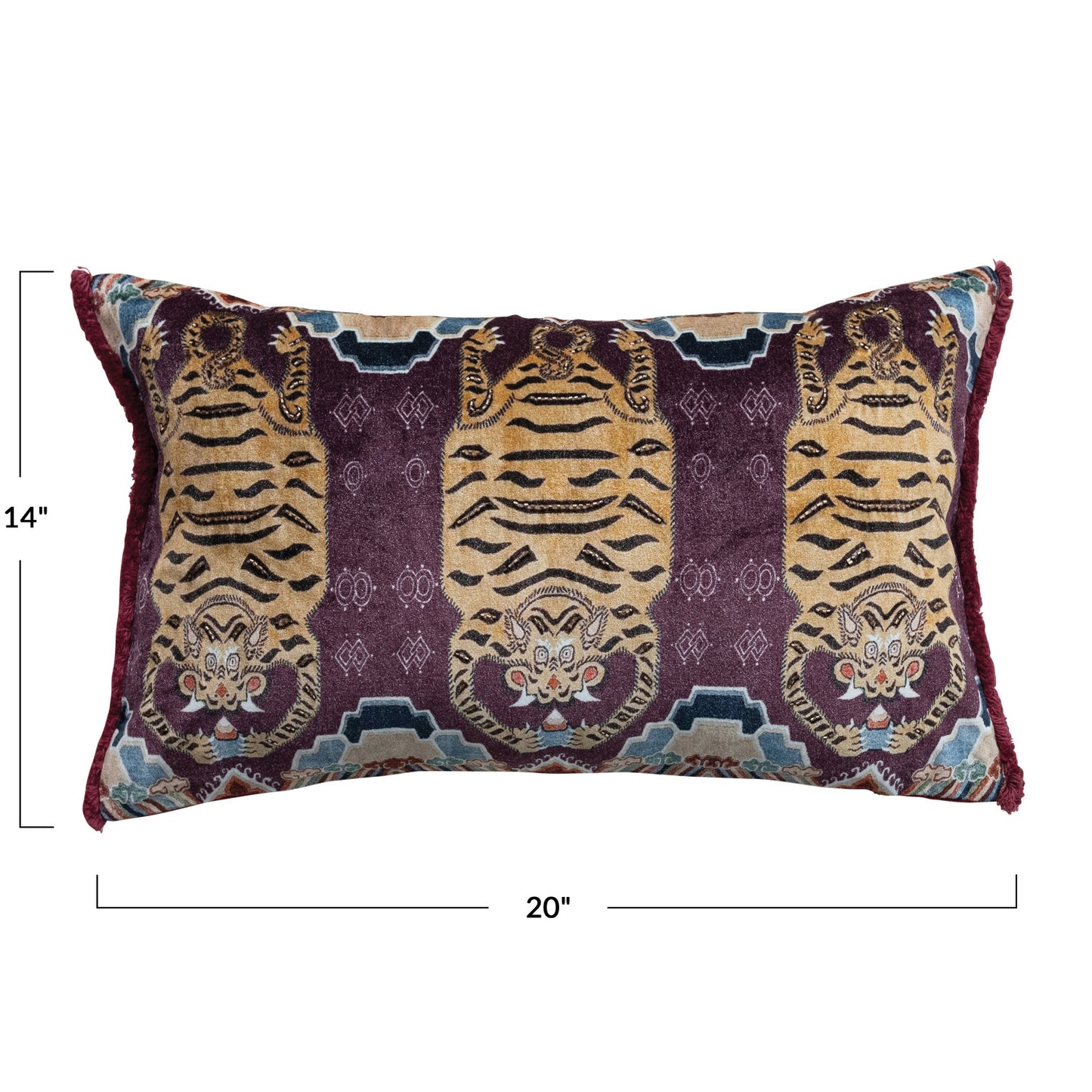 Cotton Velvet Printed Lumbar Pillow w/ Tibetan Tigers