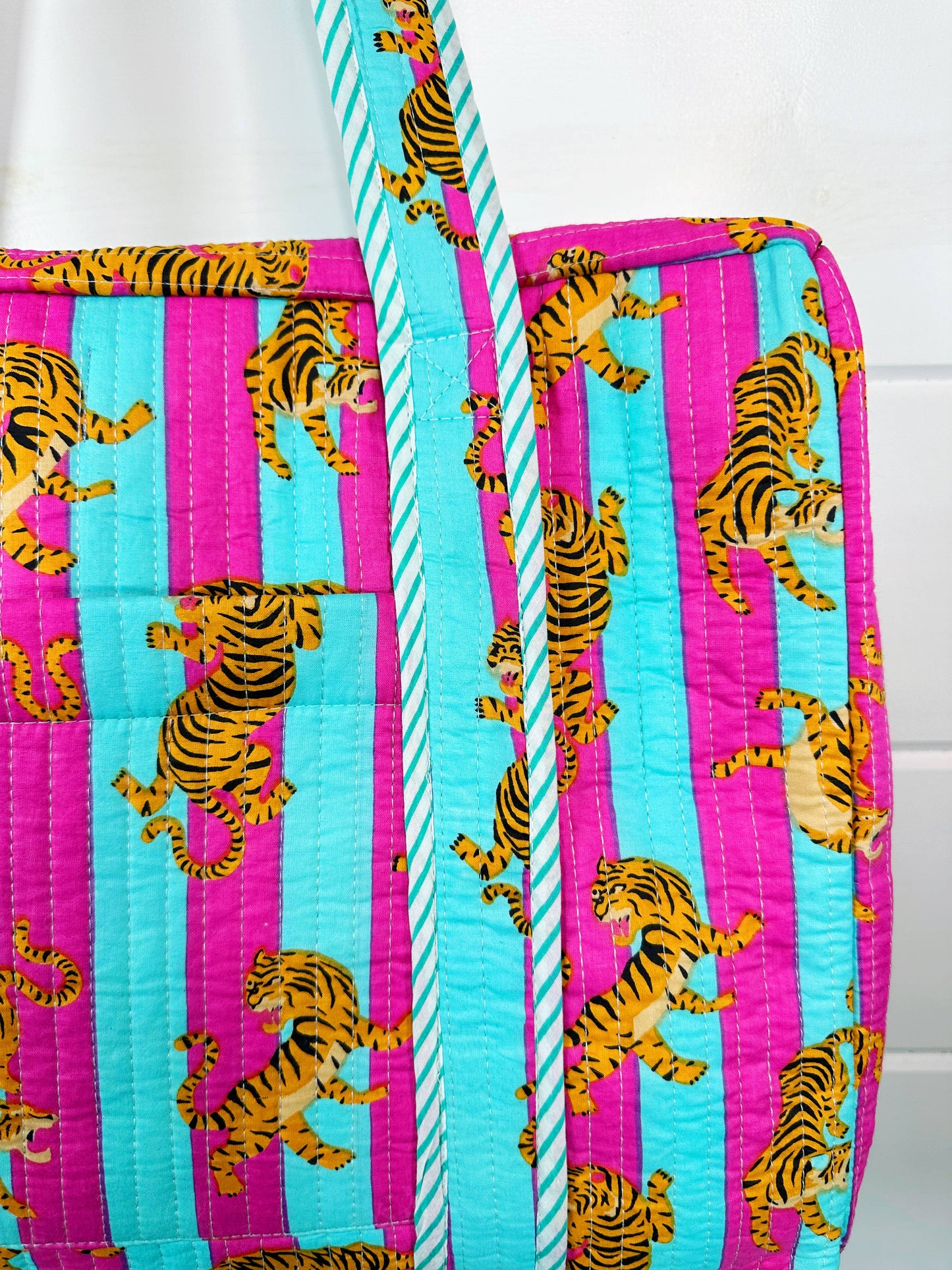 Pink & Blue Quilted Tiger Print Duffle Bag