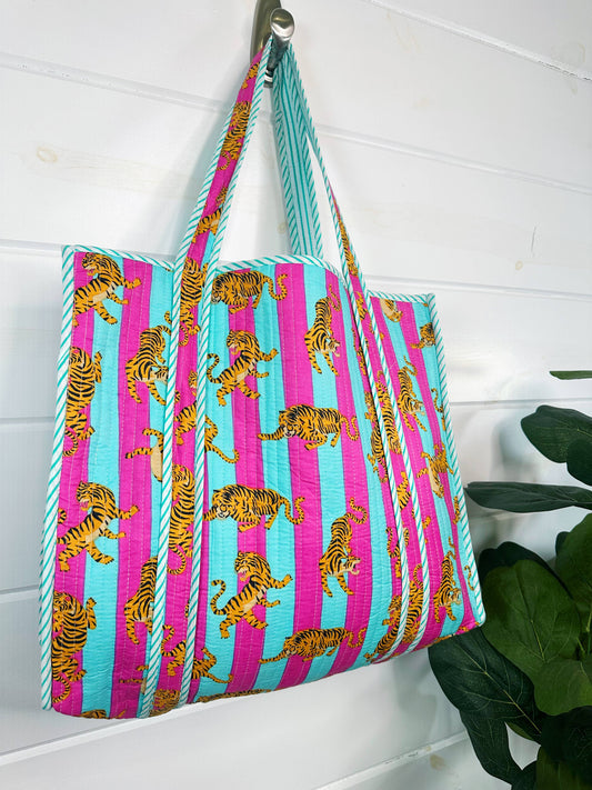 Reversible Handmade Block Printed Tiger Tote Bag