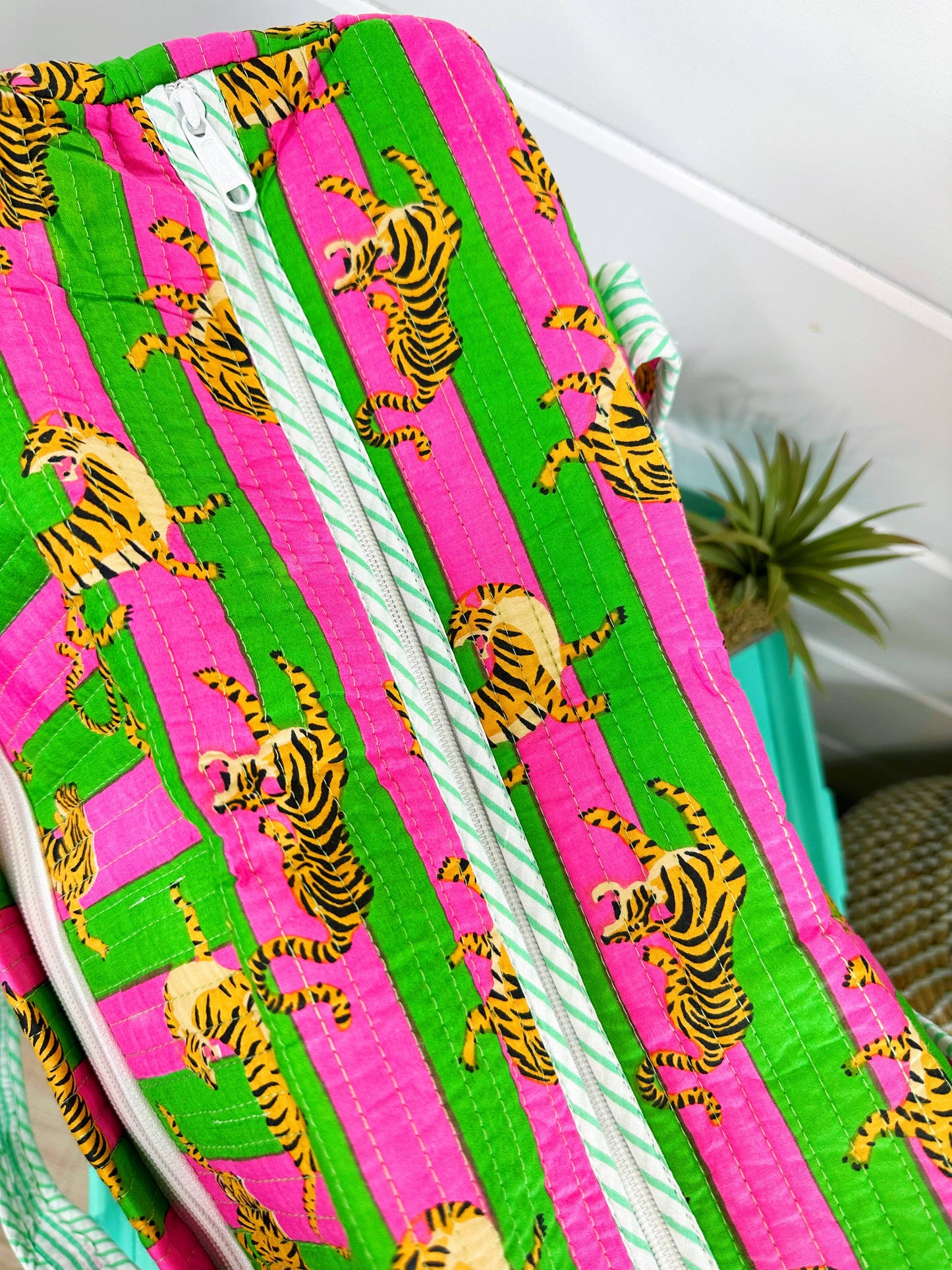 Pink & Green Handmade Quilted Tiger Print Duffle