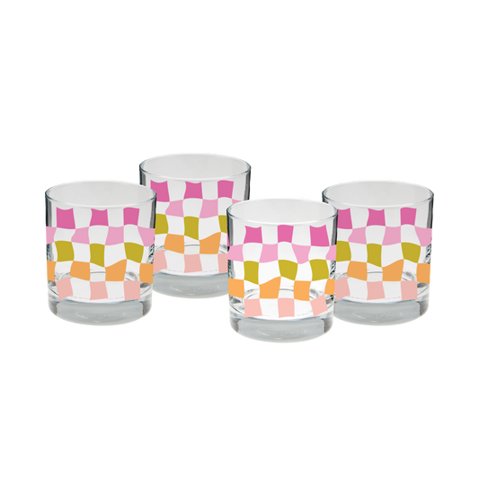 Pink Carnival Checkers Rocks Glass Set