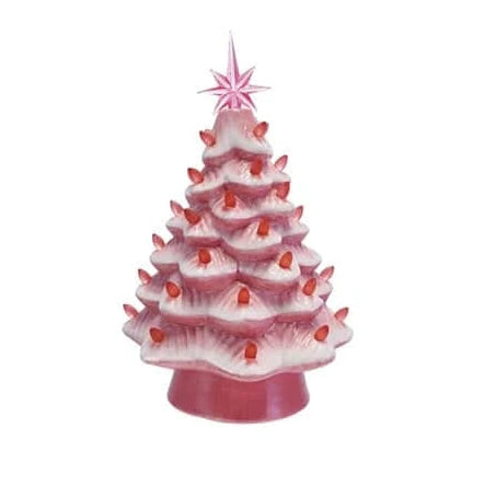 Ceramic LED Christmas Tree with Plastic Bulbs & Star, Pink & White